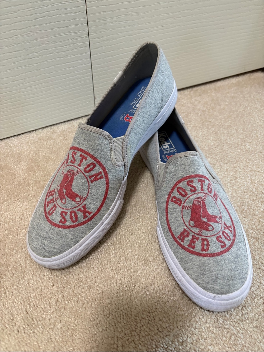 Keds Gray Slip-On Sneakers with Red Boston Red Sox Emblem